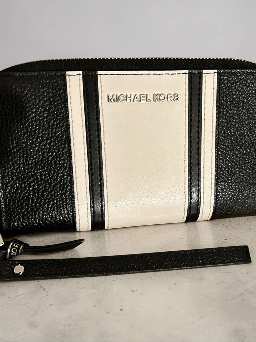 Michael Kors Black and White Stripe Wristlet Wallet